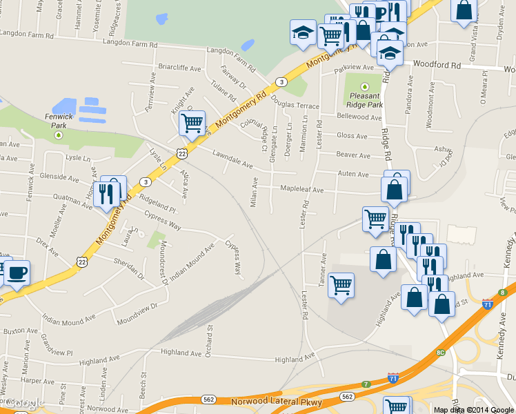 map of restaurants, bars, coffee shops, grocery stores, and more near 5501 Glengate Lane in Cincinnati