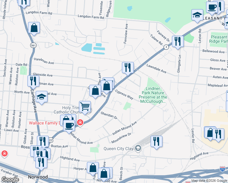 map of restaurants, bars, coffee shops, grocery stores, and more near 5478 Montgomery Road in Cincinnati