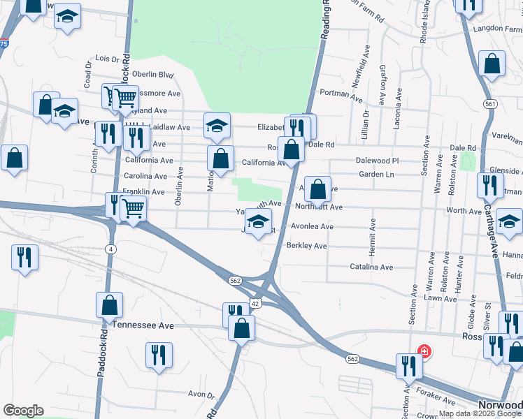 map of restaurants, bars, coffee shops, grocery stores, and more near 1572 Yarmouth Avenue in Cincinnati