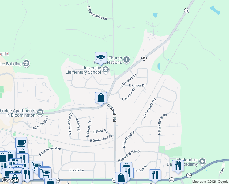 map of restaurants, bars, coffee shops, grocery stores, and more near 4121 East Deckard Drive in Bloomington