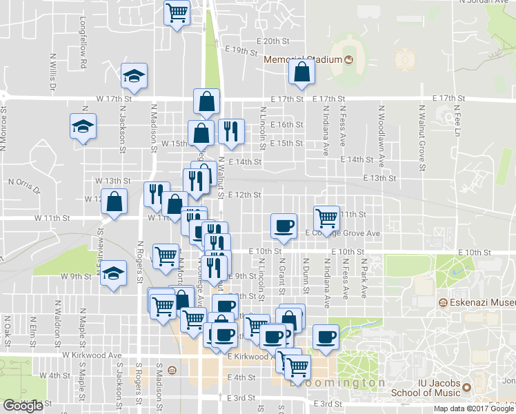 map of restaurants, bars, coffee shops, grocery stores, and more near 810 North Washington Street in Bloomington