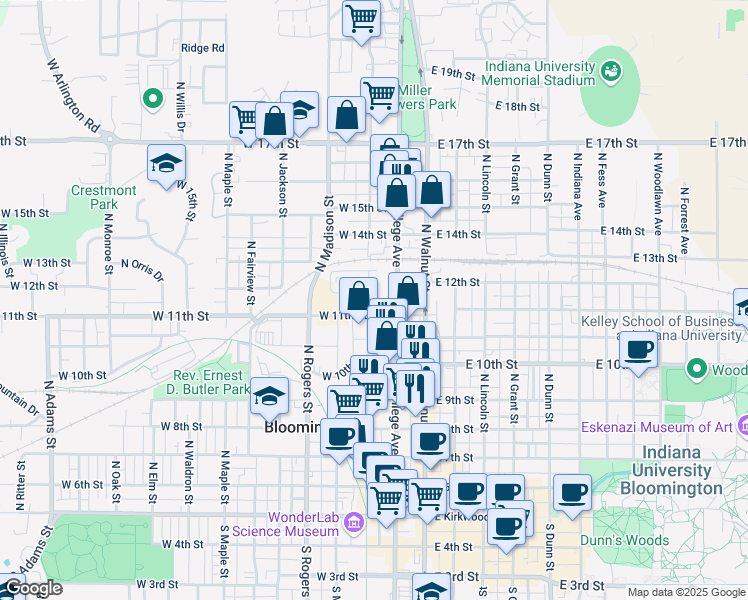 map of restaurants, bars, coffee shops, grocery stores, and more near 300 West 11th Street in Bloomington