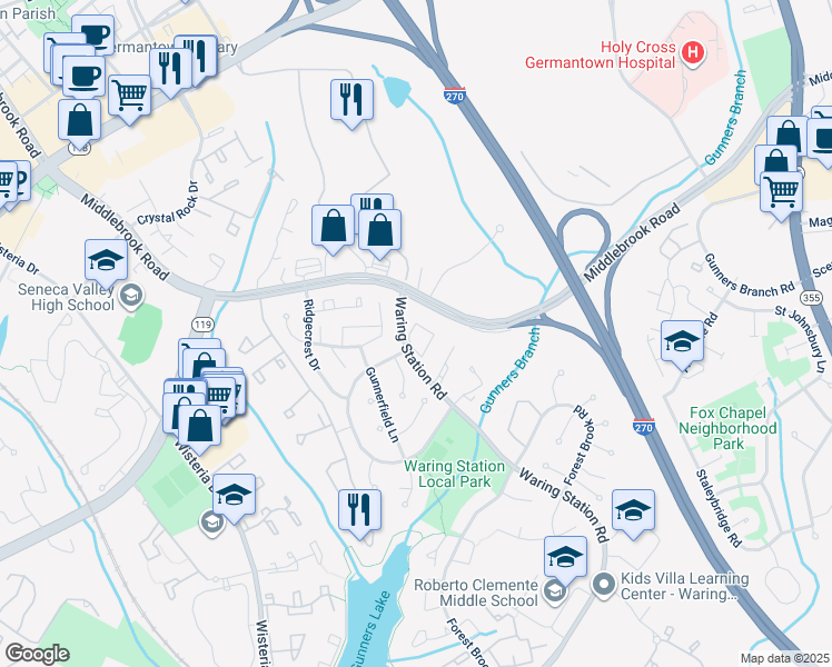 map of restaurants, bars, coffee shops, grocery stores, and more near 19376 Hottinger Circle in Germantown