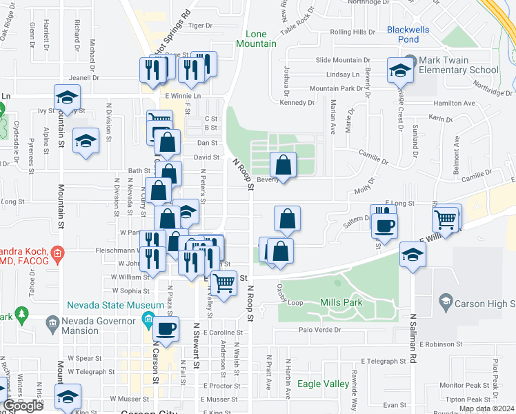 map of restaurants, bars, coffee shops, grocery stores, and more near 511 East Long Street in Carson City