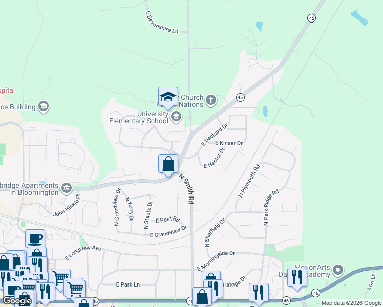 map of restaurants, bars, coffee shops, grocery stores, and more near 4121 East Deckard Drive in Bloomington