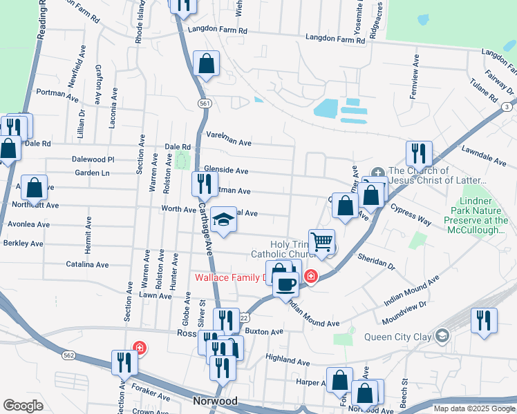 map of restaurants, bars, coffee shops, grocery stores, and more near 2216 Cathedral Avenue in Cincinnati