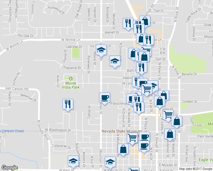 map of restaurants, bars, coffee shops, grocery stores, and more near 2 Sierra Circle in Carson City