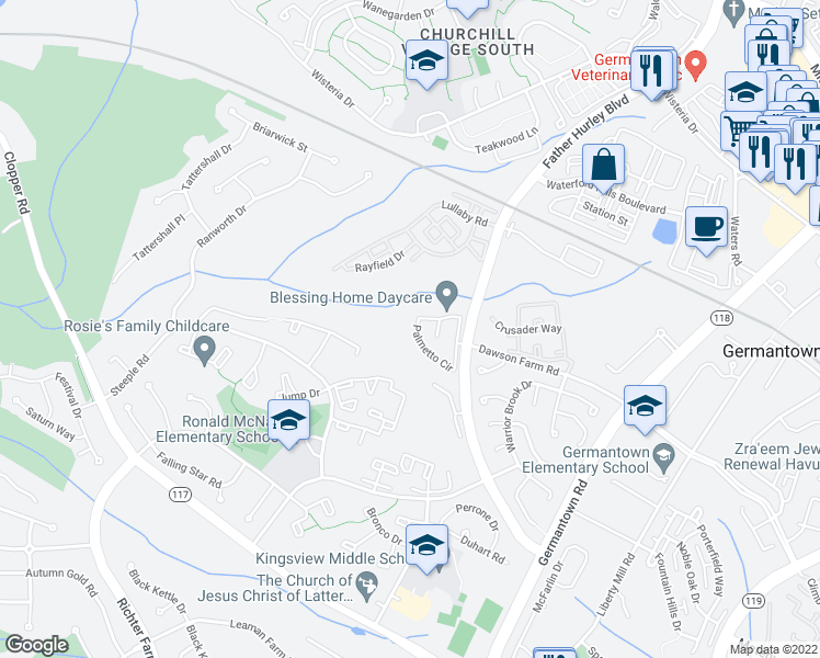 map of restaurants, bars, coffee shops, grocery stores, and more near 13678 Palmetto Circle in Germantown