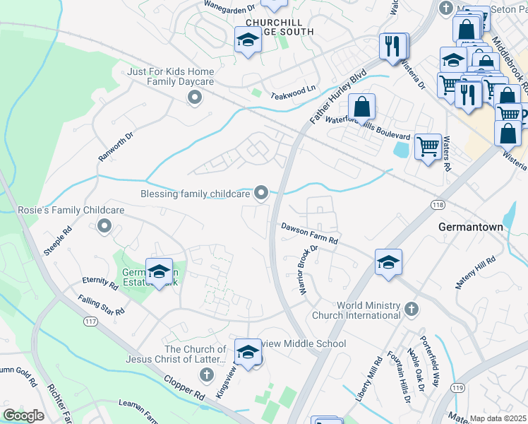 map of restaurants, bars, coffee shops, grocery stores, and more near 13765 Palmetto Circle in Germantown