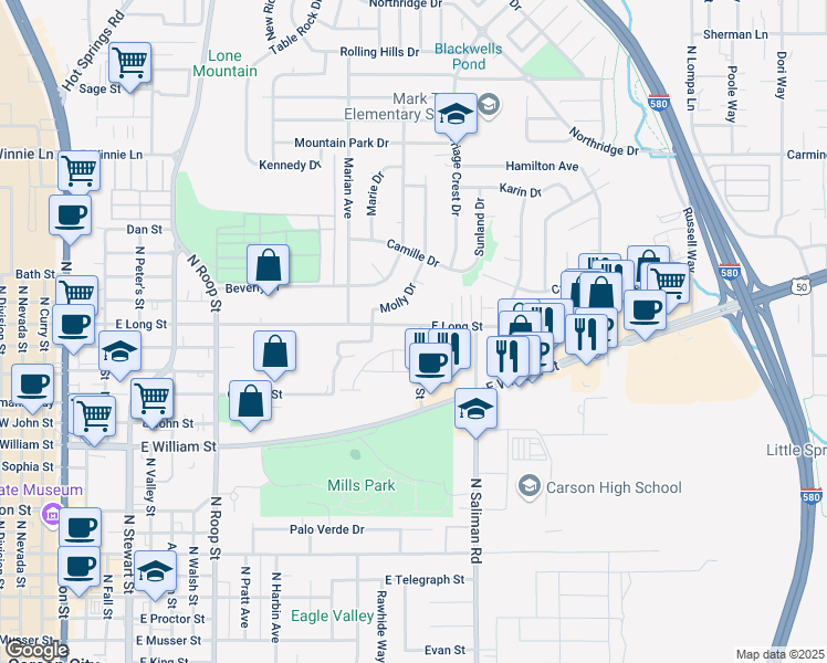 map of restaurants, bars, coffee shops, grocery stores, and more near 1417 East Long Street in Carson City
