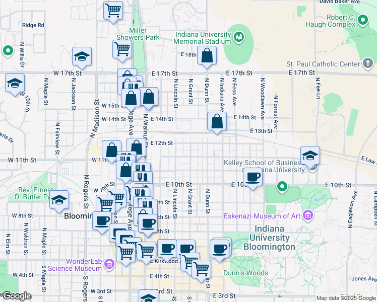 map of restaurants, bars, coffee shops, grocery stores, and more near 811 North Grant Street in Bloomington