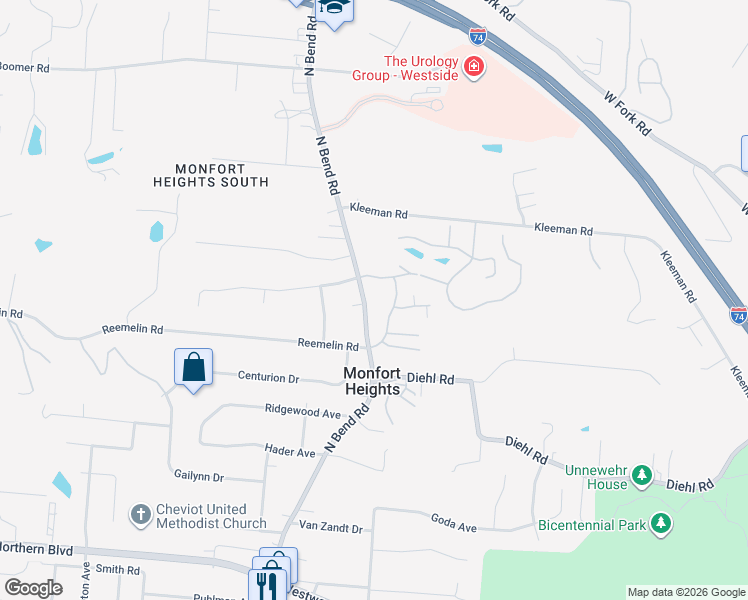 map of restaurants, bars, coffee shops, grocery stores, and more near 4790 North Bend Road in Cincinnati