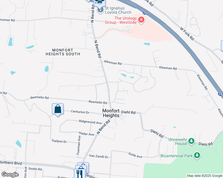 map of restaurants, bars, coffee shops, grocery stores, and more near 4790 North Bend Road in Cincinnati