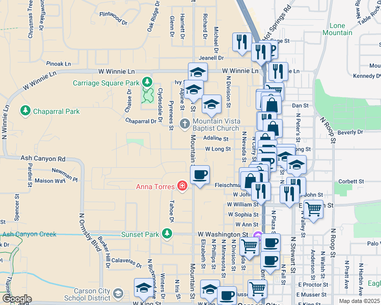 map of restaurants, bars, coffee shops, grocery stores, and more near 805 West Long Street in Carson City