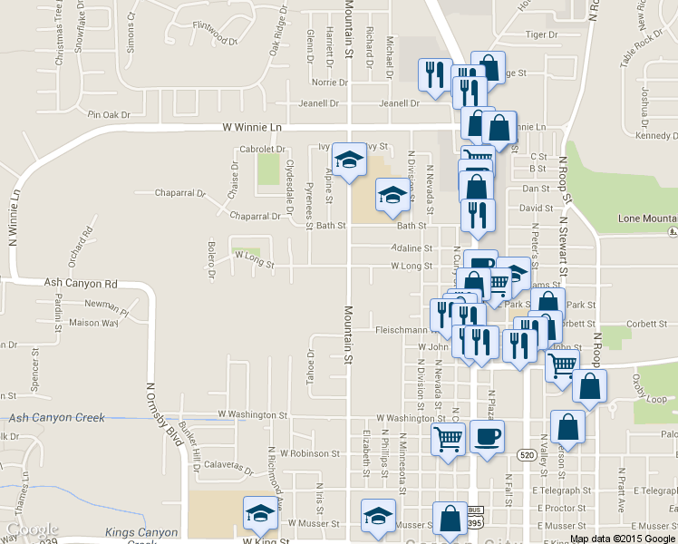 map of restaurants, bars, coffee shops, grocery stores, and more near 805 West Long Street in Carson City