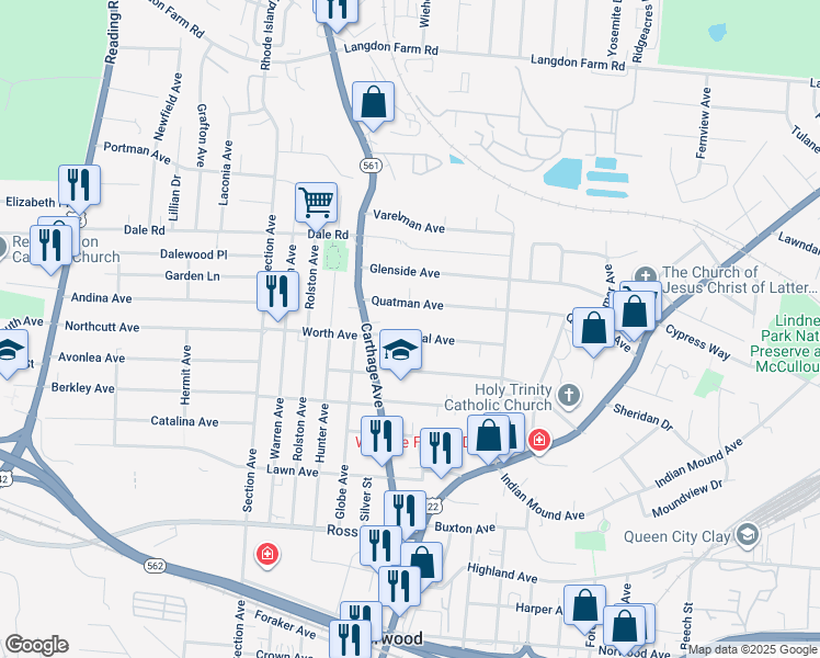 map of restaurants, bars, coffee shops, grocery stores, and more near 2132 Cathedral Avenue in Norwood