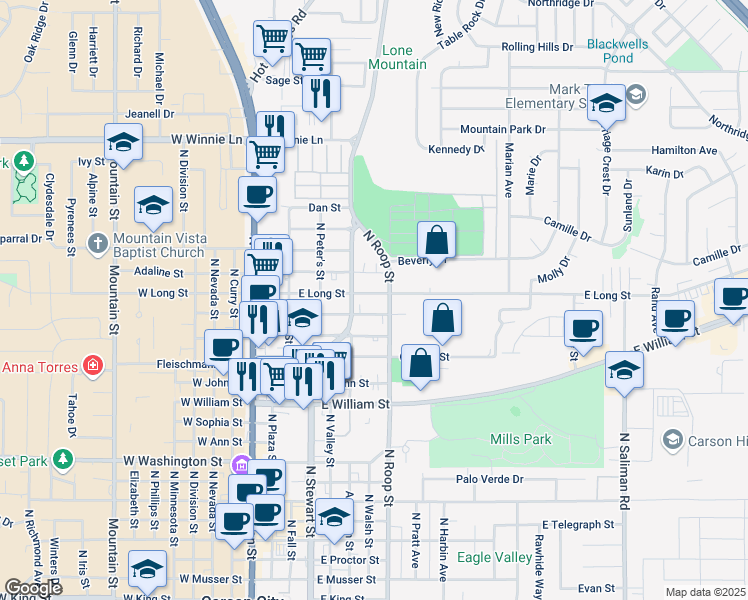 map of restaurants, bars, coffee shops, grocery stores, and more near 425 East Long Street in Carson City