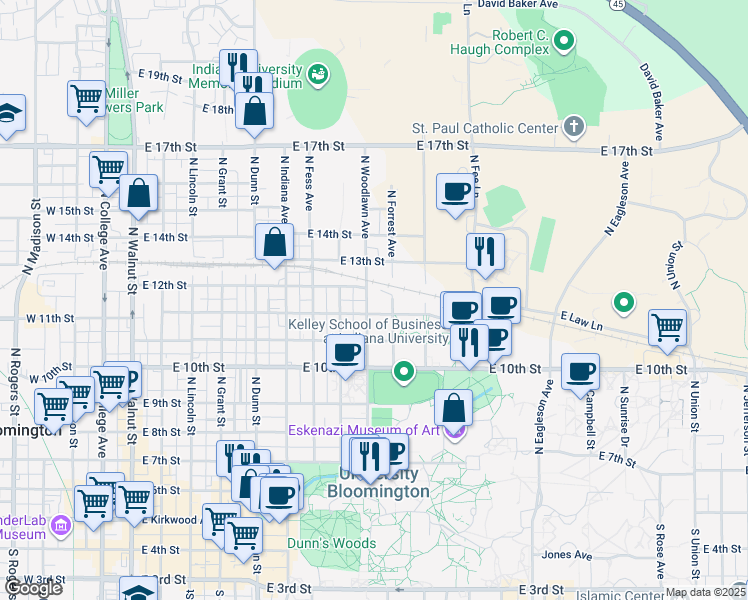 map of restaurants, bars, coffee shops, grocery stores, and more near 900 North Woodlawn Avenue in Bloomington