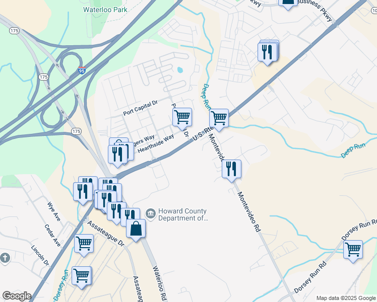 map of restaurants, bars, coffee shops, grocery stores, and more near 7645 Port Capital Drive in Jessup