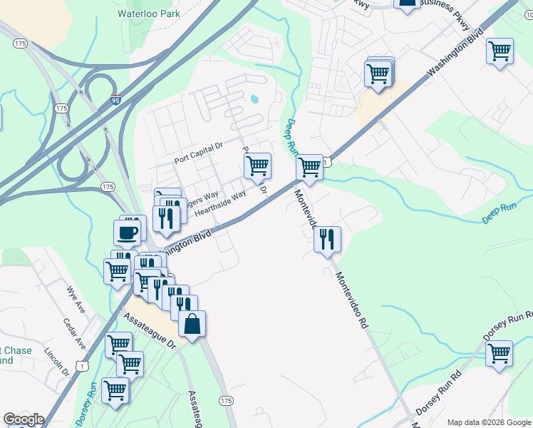 map of restaurants, bars, coffee shops, grocery stores, and more near 7645 Port Capital Drive in Jessup