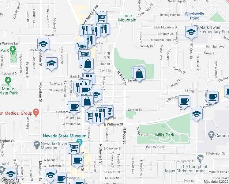 map of restaurants, bars, coffee shops, grocery stores, and more near 403 East Long Street in Carson City