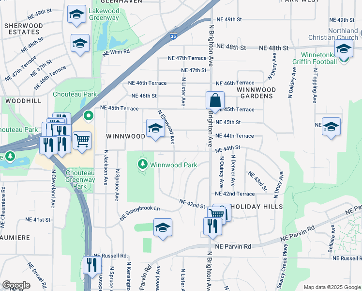map of restaurants, bars, coffee shops, grocery stores, and more near 4608 Northeast 44th Street in Kansas City