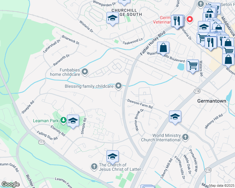 map of restaurants, bars, coffee shops, grocery stores, and more near 2 Palmetto Court in Germantown