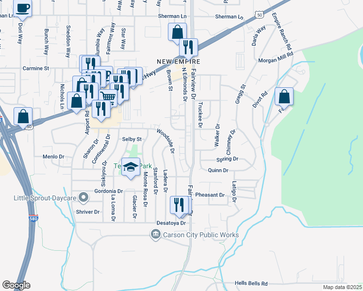 map of restaurants, bars, coffee shops, grocery stores, and more near 3703 Woodside Drive in Carson City