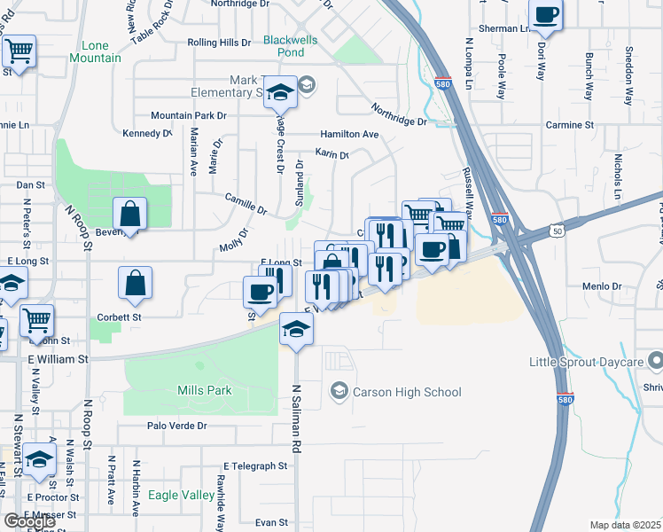 map of restaurants, bars, coffee shops, grocery stores, and more near 1501 Rand Avenue in Carson City