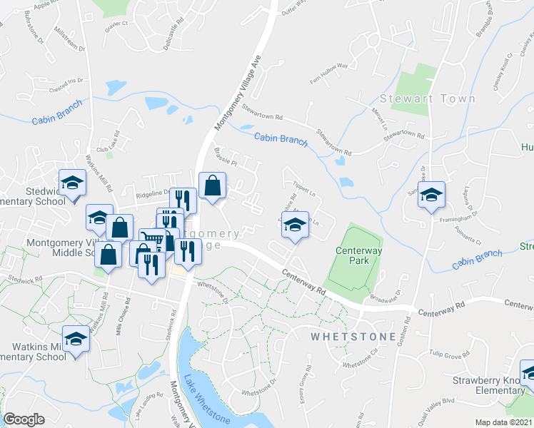 map of restaurants, bars, coffee shops, grocery stores, and more near 19431 Brassie Place in Montgomery Village