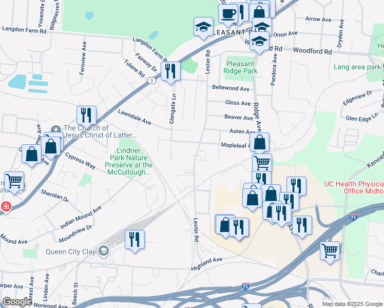 map of restaurants, bars, coffee shops, grocery stores, and more near 5455 Lester Road in Cincinnati