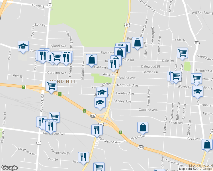 map of restaurants, bars, coffee shops, grocery stores, and more near 4856 Yarmouth Place in Cincinnati