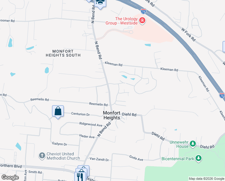 map of restaurants, bars, coffee shops, grocery stores, and more near 4790 North Bend Road in Cincinnati