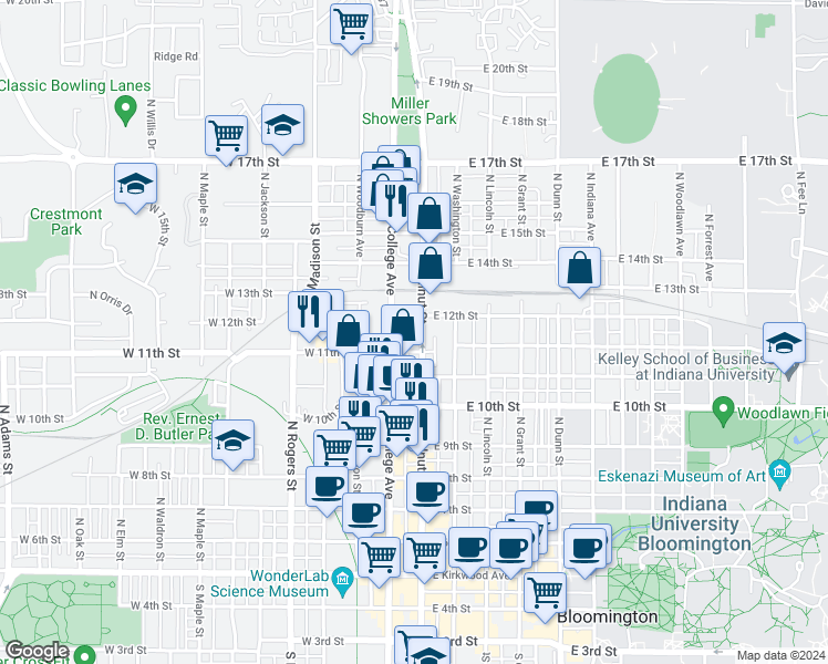 map of restaurants, bars, coffee shops, grocery stores, and more near 804 North Walnut Street in Bloomington