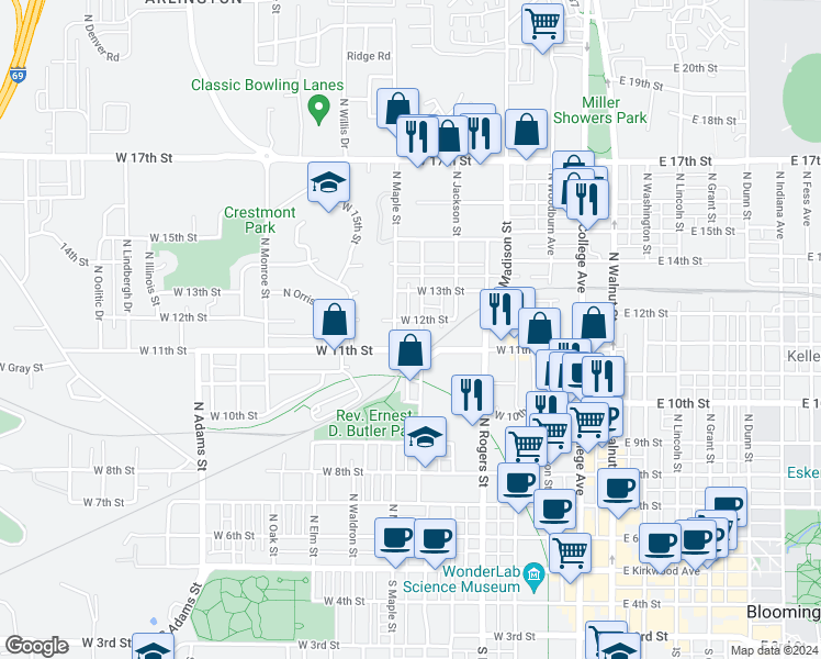 map of restaurants, bars, coffee shops, grocery stores, and more near 621 West 12th Street in Bloomington