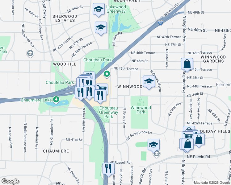 map of restaurants, bars, coffee shops, grocery stores, and more near 4417 Northeast Winn Road in Kansas City