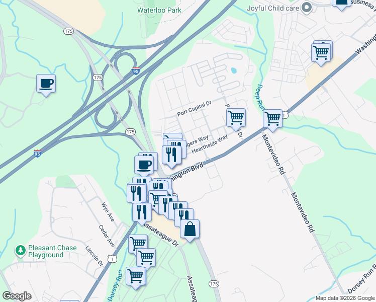 map of restaurants, bars, coffee shops, grocery stores, and more near 7521 Hearthside Way in Elkridge