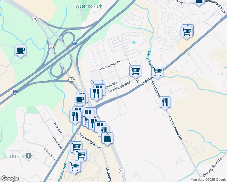 map of restaurants, bars, coffee shops, grocery stores, and more near 7500 Hearthside Way in Elkridge