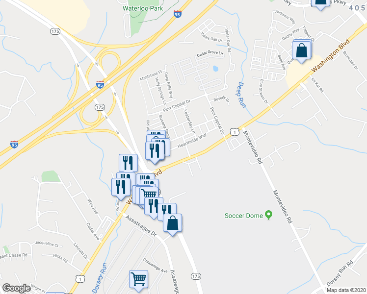 map of restaurants, bars, coffee shops, grocery stores, and more near 7504 Hearthside Way in Elkridge
