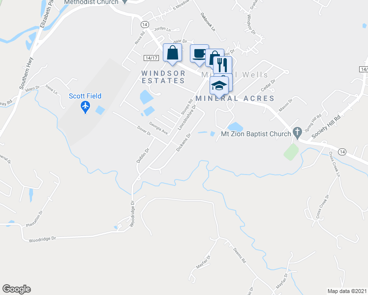 map of restaurants, bars, coffee shops, grocery stores, and more near 55 Dickens Drive in Mineral Wells