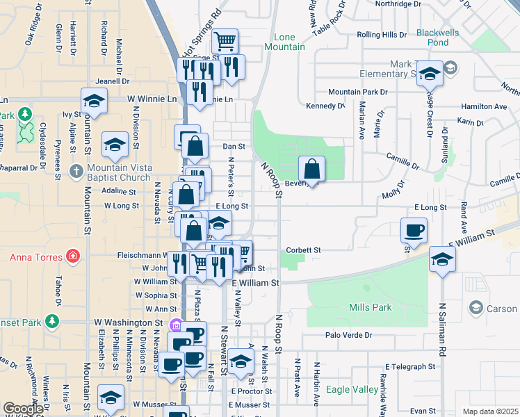 map of restaurants, bars, coffee shops, grocery stores, and more near 1516 North Stewart Street in Carson City