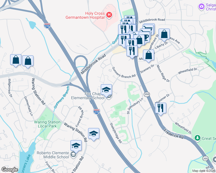map of restaurants, bars, coffee shops, grocery stores, and more near 11809 Ashbrook Court in Germantown