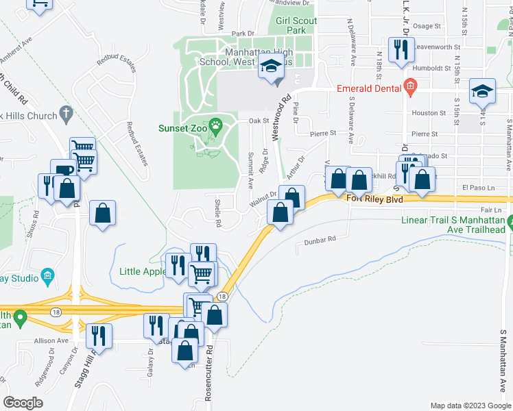 map of restaurants, bars, coffee shops, grocery stores, and more near 2129 Walnut Drive in Manhattan