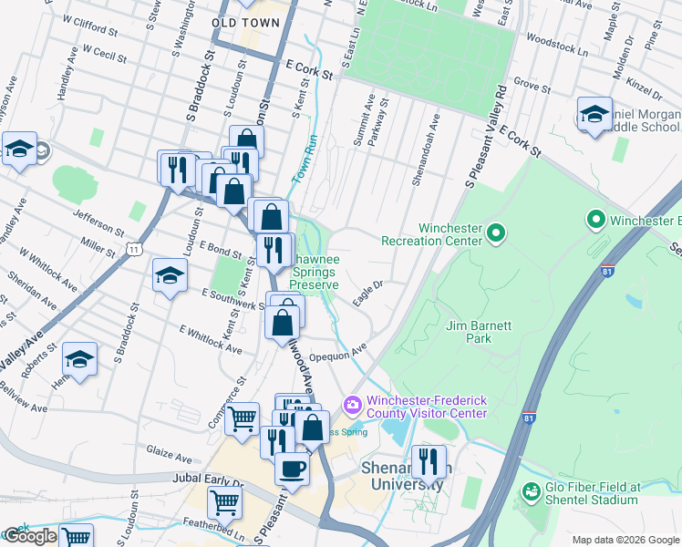 map of restaurants, bars, coffee shops, grocery stores, and more near 520 Eagle Place in Winchester