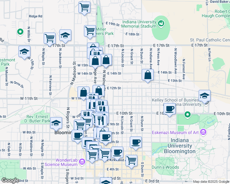 map of restaurants, bars, coffee shops, grocery stores, and more near 810 North Washington Street in Bloomington