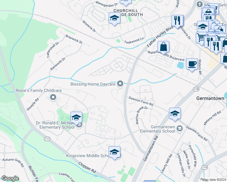 map of restaurants, bars, coffee shops, grocery stores, and more near 13707 Palmetto Circle in Germantown