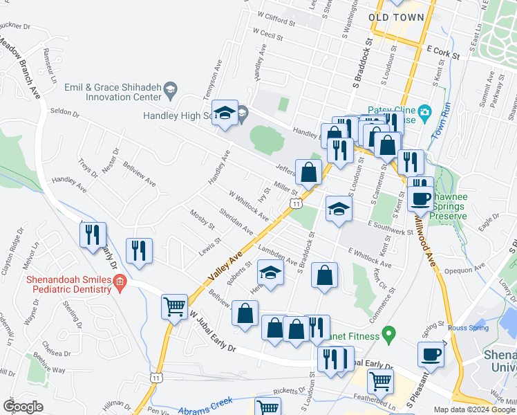 map of restaurants, bars, coffee shops, grocery stores, and more near 222 West Whitlock Avenue in Winchester