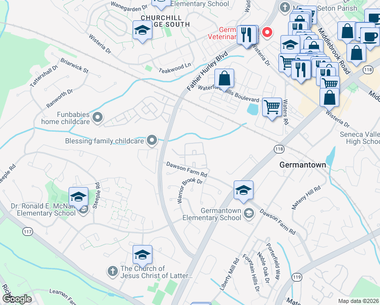 map of restaurants, bars, coffee shops, grocery stores, and more near 2 Crusader Court in Germantown
