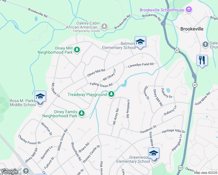 map of restaurants, bars, coffee shops, grocery stores, and more near 3520 Falling Green Road in Olney