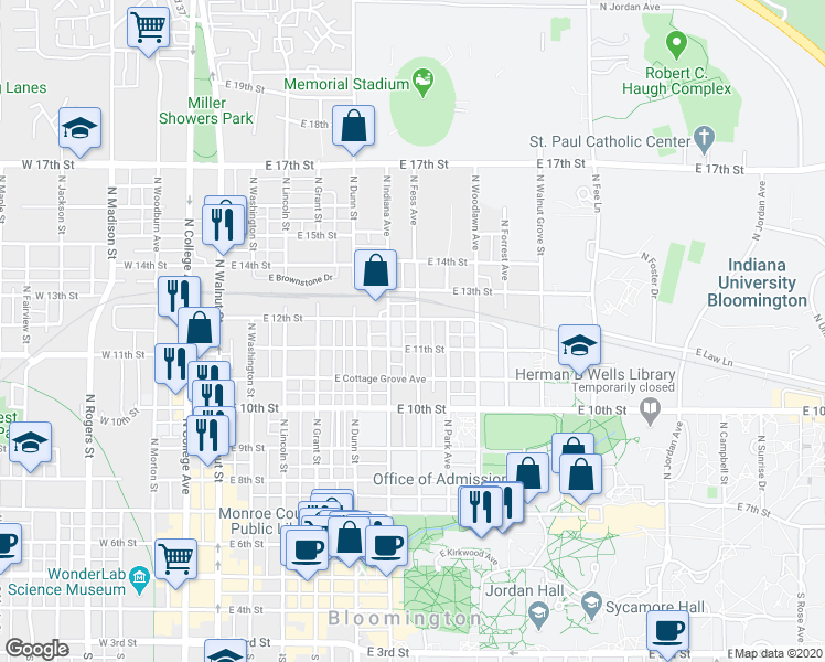 map of restaurants, bars, coffee shops, grocery stores, and more near 829 North Fess Avenue in Bloomington